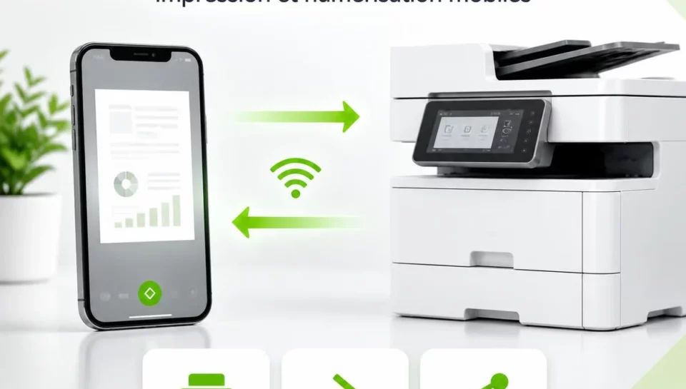 Illustration Epson iPrint : échanges de documents entre un smartphone et un multifonction pour imprimer et numériser.