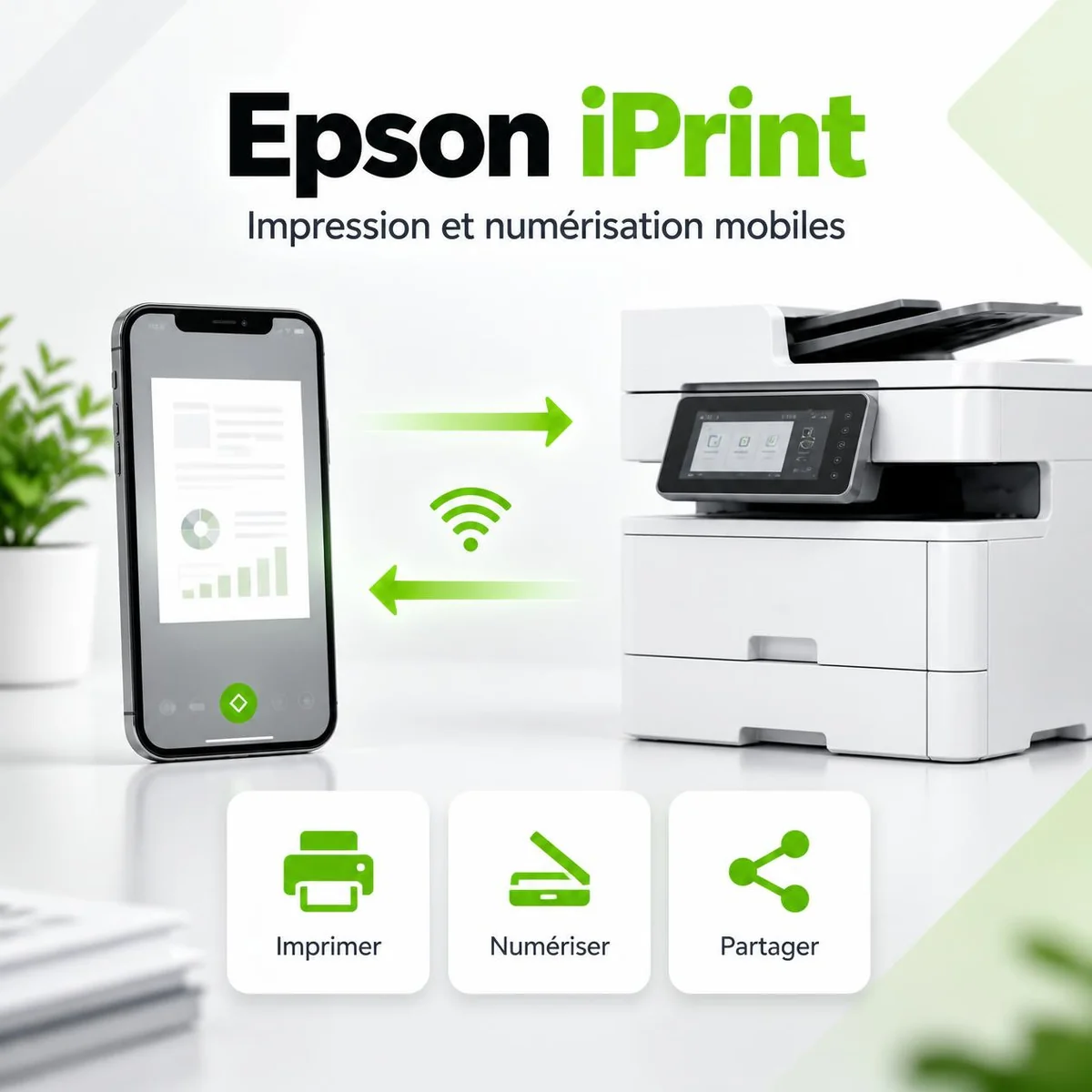 Illustration Epson iPrint : échanges de documents entre un smartphone et un multifonction pour imprimer et numériser.