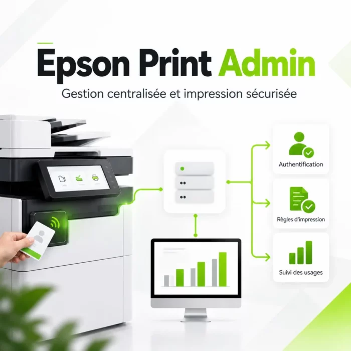 Illustration Epson Print Admin : authentification par badge, serveur de gestion et suivi des impressions.