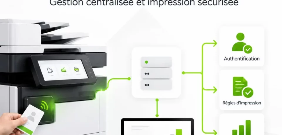 Illustration Epson Print Admin : authentification par badge, serveur de gestion et suivi des impressions.