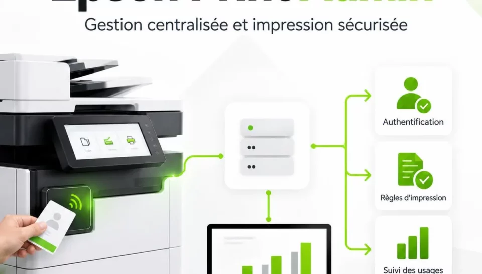 Illustration Epson Print Admin : authentification par badge, serveur de gestion et suivi des impressions.