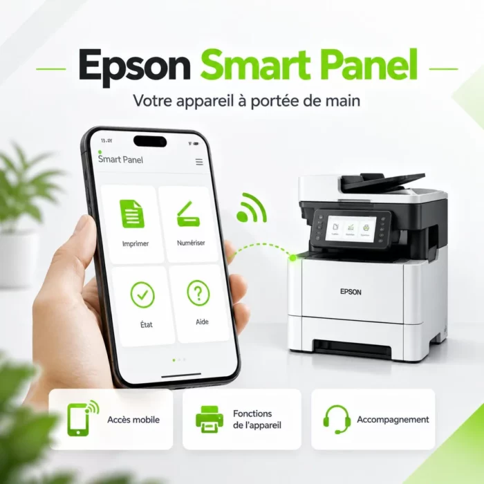 Illustration Epson Smart Panel : un smartphone affiche les fonctions d’impression, de numérisation, d’état et d’aide.