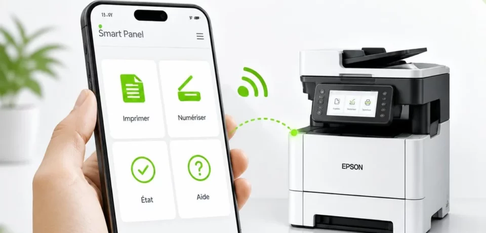 Illustration Epson Smart Panel : un smartphone affiche les fonctions d’impression, de numérisation, d’état et d’aide.
