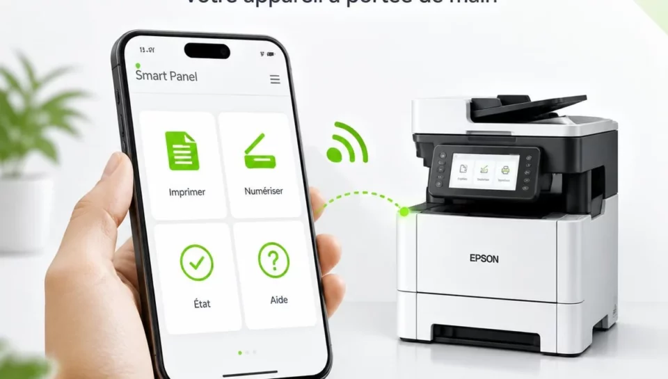 Illustration Epson Smart Panel : un smartphone affiche les fonctions d’impression, de numérisation, d’état et d’aide.