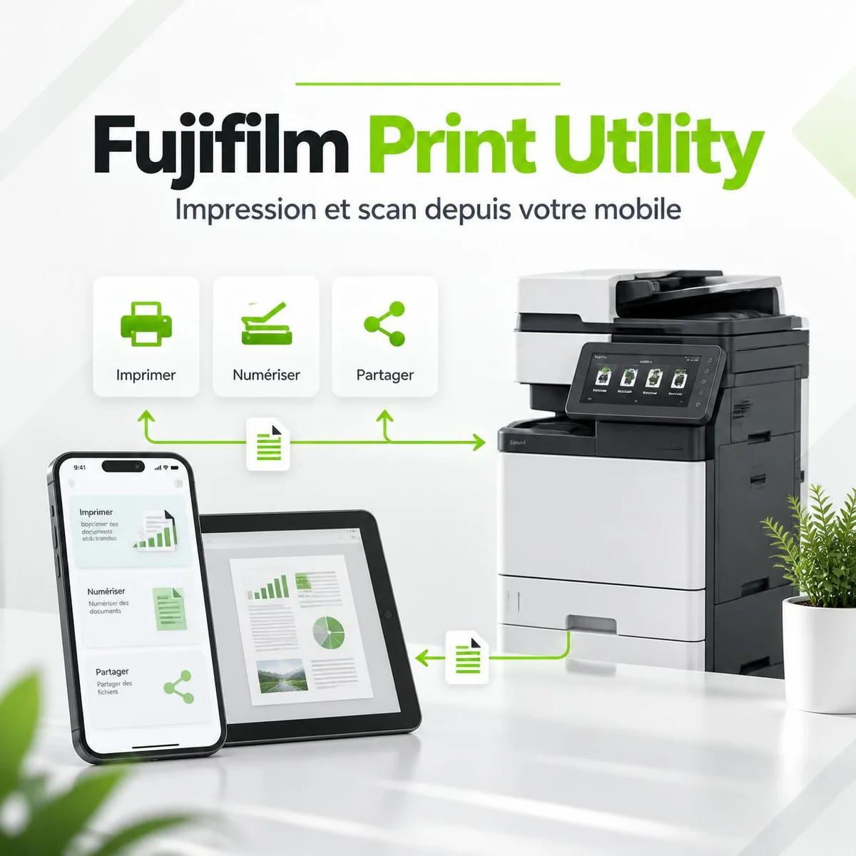 Illustration Fujifilm Print Utility : impression, numérisation et partage de documents entre appareils mobiles et multifonction.