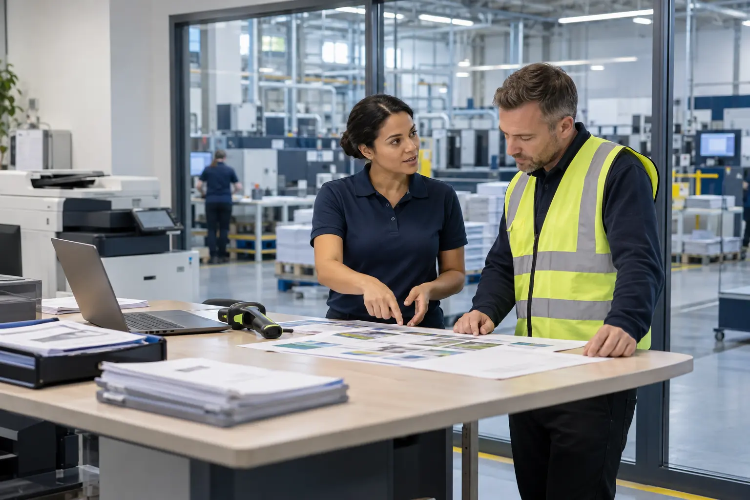 Une conseillère et un responsable logistique analysent les flux documentaires industriels.
