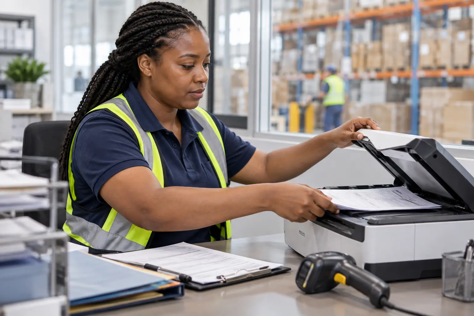Une collaboratrice logistique numérise des documents de livraison.