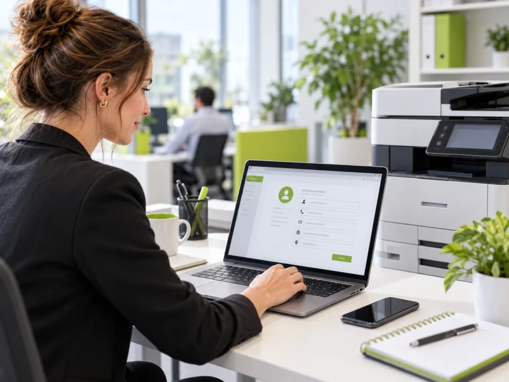 Illustration d’une utilisatrice mettant à jour les coordonnées du contact et du site de son entreprise depuis un ordinateur.