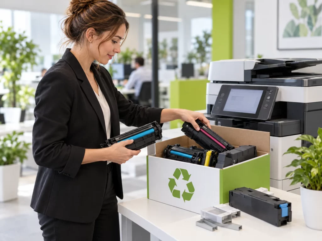 Illustration d’une utilisatrice regroupant des consommables d’impression usagés dans un carton de collecte pour leur recyclage.