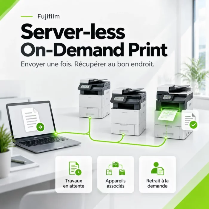 Illustration Fujifilm Server-less On-Demand Print : un travail envoyé depuis un ordinateur puis récupéré sur un appareil associé.